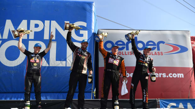 Sunday's NHRA race winners at Route 66 Raceway (from left): Gaige Herrera (Pro Stock Motorcycle), Dallas Glenn (Pro Stock), Tim Wilkerson (Funny Car) and Clay Millican (Top Fuel). Photo courtesy NHRA.